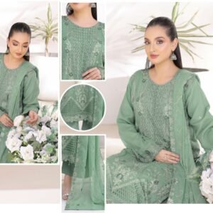 Close-up of hand-embellished embroidery on Bin Hameed Zarnab Sage Green shirt