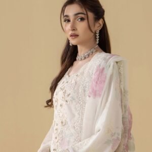 ZA GRACE Luxury Chiffon Cream Semi-Stitched 3PC Suit Full Front View with Embroidered Dupatta