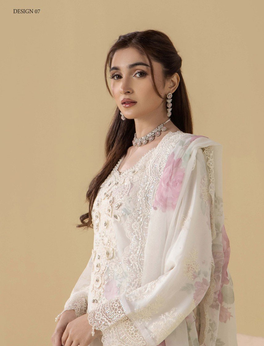 ZA GRACE Luxury Chiffon Cream Semi-Stitched 3PC Suit Full Front View with Embroidered Dupatta