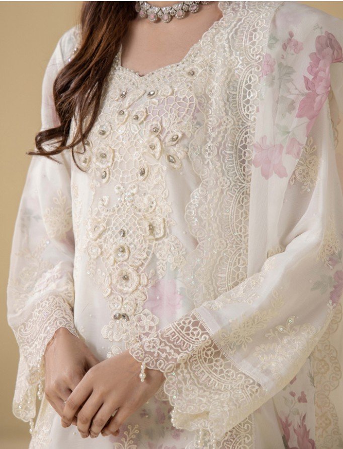 Close-up of hand-embellished pearls and cutwork embroidery on ZA GRACE Cream Luxury Chiffon Shirt